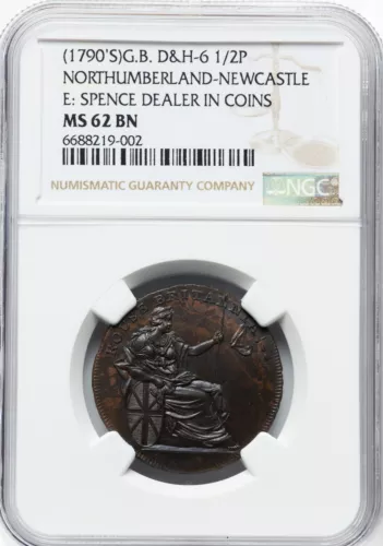 Great Britain - 1790's Northumberland - Spence's 1/2 d Token - NGC MS62 BN