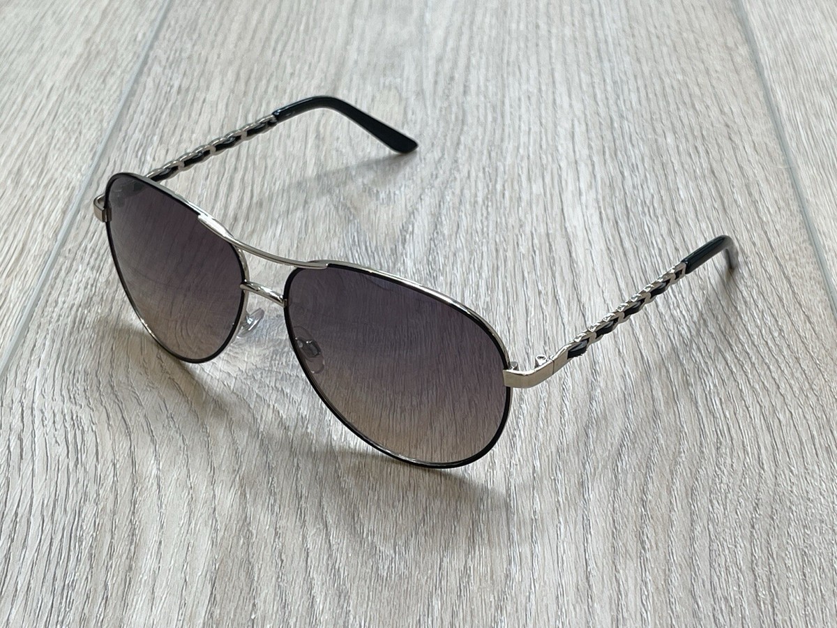 Tahari Black-Accented Aviator Gold Sunglasses Chain Link Temple