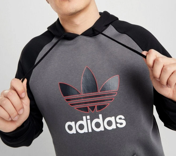 XL adidas Originals MEN S L S LINEAR PULLOVER HOODIE Gray Black LAST1