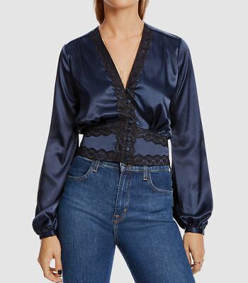 NWT $394 LINI Women's Blue Black Lace V-Neck Long-Sleeve Blouse Shirt Top Size S