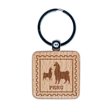 Peru Travel Vicunas Llamas Alpacas Guanacos Engraved Wood Square Keychain