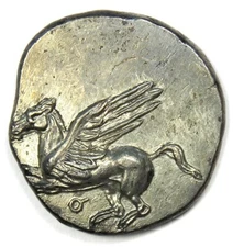Greek Corinth AR Stater Coin (405-345 BC) Pegasus and Athena - Good XF / AU