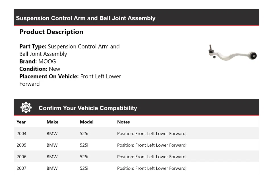 Brazo de control delantero izquierdo delantero inferior delantero MOOG 2004 2005 2006 BMW 525i 2004-2007 Foto 2 de 4