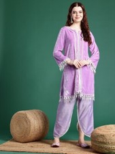 Women Floral Lace Designed Velvet Kurti With Trousers Set
