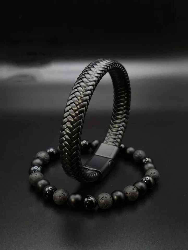 Pulsera pulsera de cuero negro trenzado con cierre magnético de acero inoxidable para hombre 2 piezas Foto 2 de 4