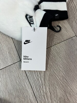 Nike Women's Warm Faux Fur Mittens White w/ Black Trim Winter Soft