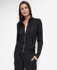 DKNY Women's Modal instripe Zip-Front Stand-Collar Jacket Black Size L SALE 139