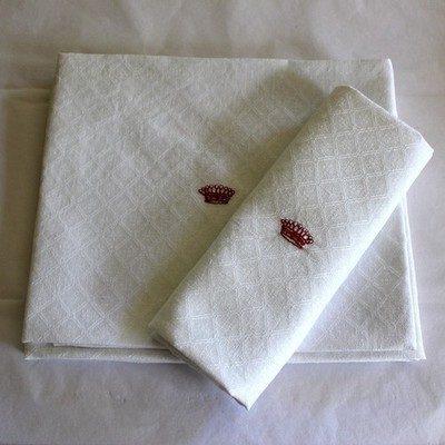 Large Antique French Embroidered Damask Napkins Crown  Set of 5