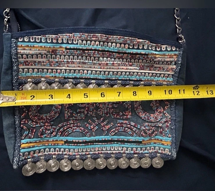 Zara 单肩包串珠牛仔蓝色嬉皮波西米亚吉普赛装饰 — 第 4/4 张图片