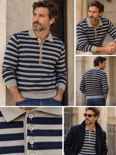 Emporio Armani, Vintage 80s Emporio Armani Mens Wool Blend Striped Rugby Polo Sweater Made Italy