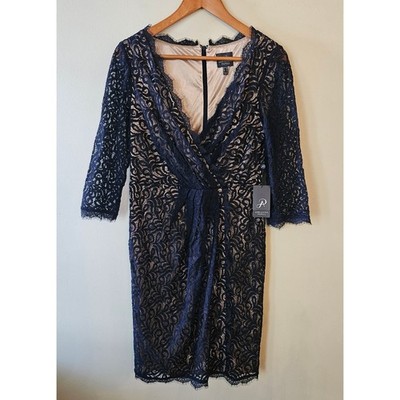Adrianna Papell Lace Dress, Size 8 Cocktail Navy Faux Wrap 3/4 Sleeve  Sheath | eBay