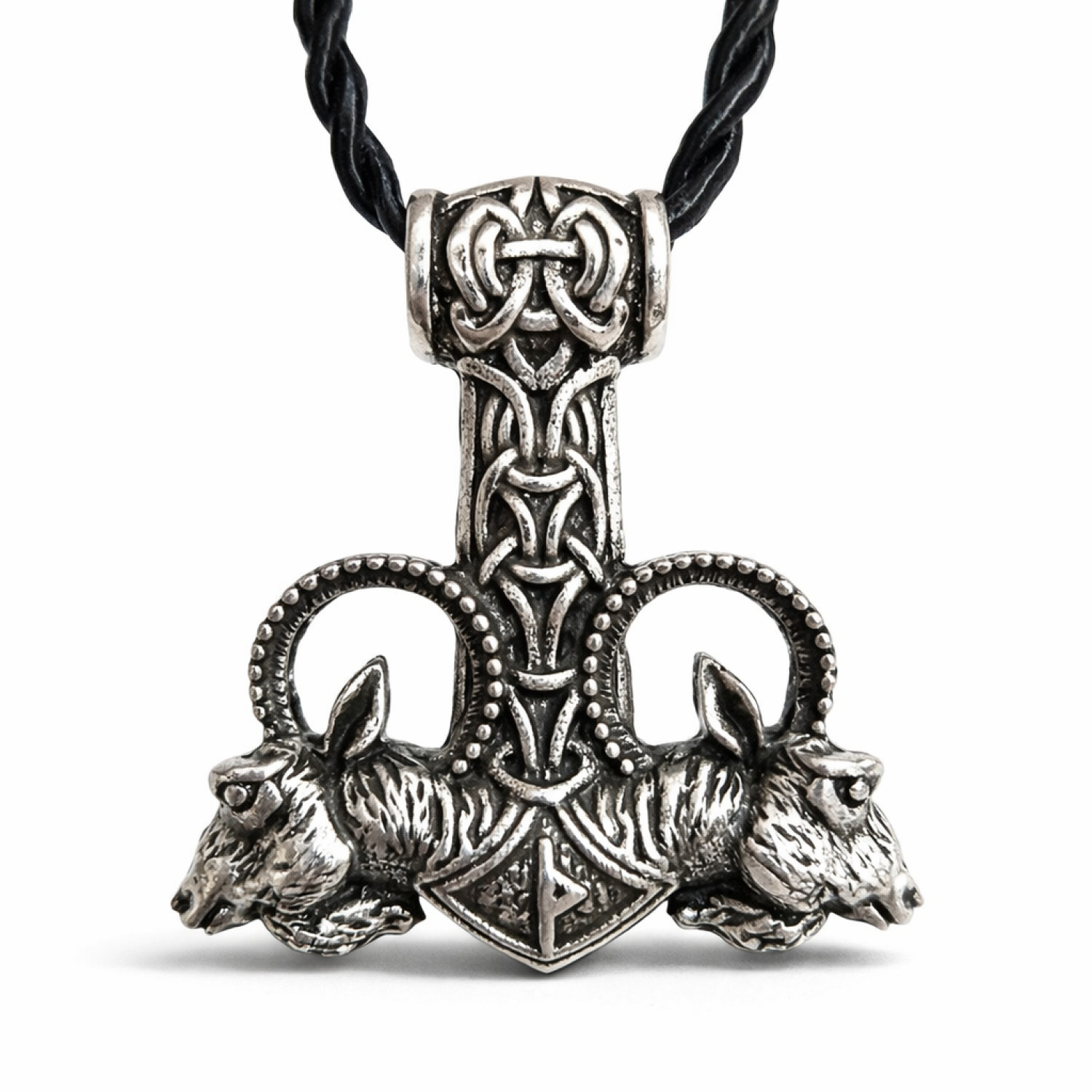 Thor Hammer Goat Head Pendant Viking Norse Rune Necklace Mjolnir & Velvet Bag