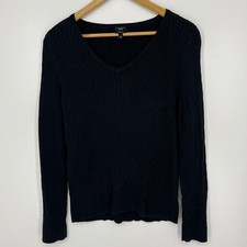 Talbots Womens Black Pima Cotton Cable Knit V-Neck Sweater Size Large