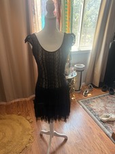 Pinky Black Floral Lace Slip Dress Short Lined Ruffle Scoop Neck Cap Sleeve M