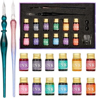 Glas Dip Pen Set 16tlg Crystal Ink Pen Set mit 2 Glasstiften, 12 x 7ml bunt