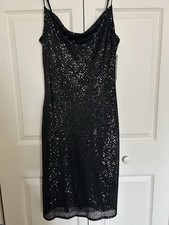 BCBG Paris Sequin Bodycon Midi Dress Black Cowl Neck Sleeveless S (4-6)