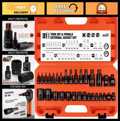 31Pcs Torx Bit Socket Set - 14 Star Bits (T8-T70) & 12 E-Torx Sockets (E4-E24) +