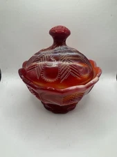 Vntg Imperial Glass Red & Orange Slag Glass Covered Compote Candy Dish with Lid