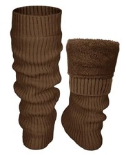 Winter Fleece Lined Leg Warmers for Women Knit Long Leg Khaki Vertical Stripes