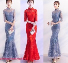 Womens Retro QI PAO Cheongsam Slim Fit Dress Chinese Party Wedding Lace Dress