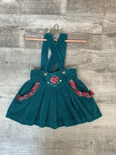 Vintage Green Corduroy Pinafore Criss Cross Straps Heart Appliqu  Dress 3T