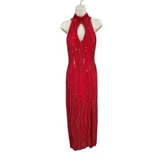 Alyce Designs Maxi Dress Women Size 14 Red Beaded Sequin Halter Keyhole Event