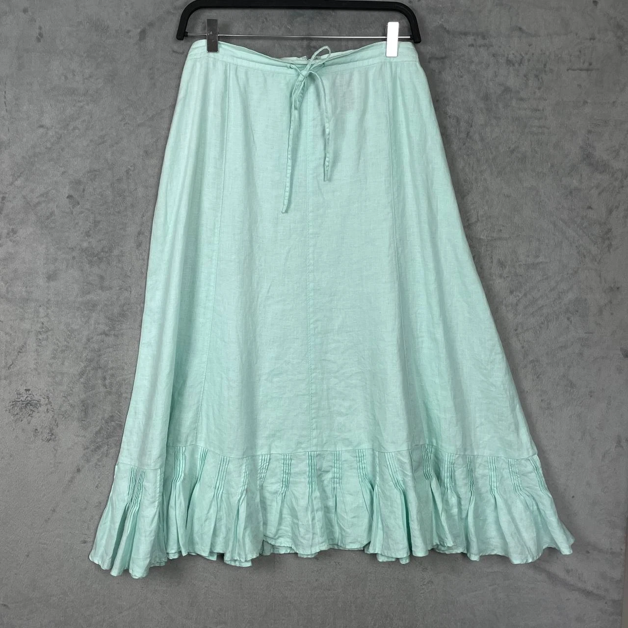 Mint Linen Cottagecore Boho Midi Skirt Ruffle Hem Size 14 Prairie Feminine