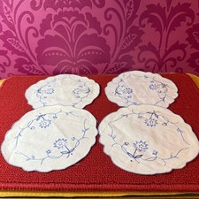 French Antique Doilies Set of 4 Blue Embroidered Round Lace Skirt Edges