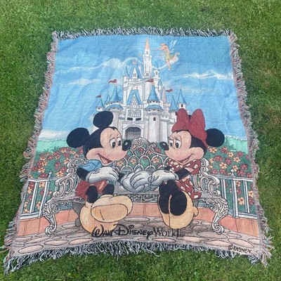 Walt Disney World Vintage Mickey Mouse Tinkerbell Schloss Fransen Wandteppich Decke