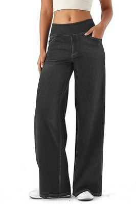 Damen Stretchy Denim Wide Straight Leg Jeans High Waisted Baggy Trendy Bauch Con