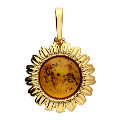 Sterling Silver Pendant Yellow Gold Plated Baltic Amber Cognac Sunflower Pendant