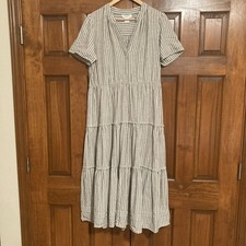 Cynthia Rowley Linen Blend Striped Tiered Midi Dress White Beige Women’s Medium