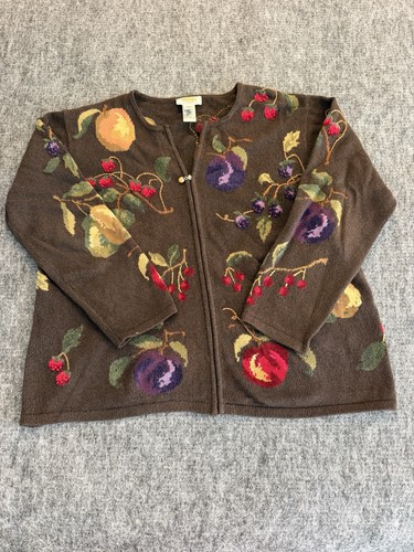 Talbots, Vintage 90s Talbots Woman Plus 1X Fruit Embroidered Cardigan Ramie Cotton Silk