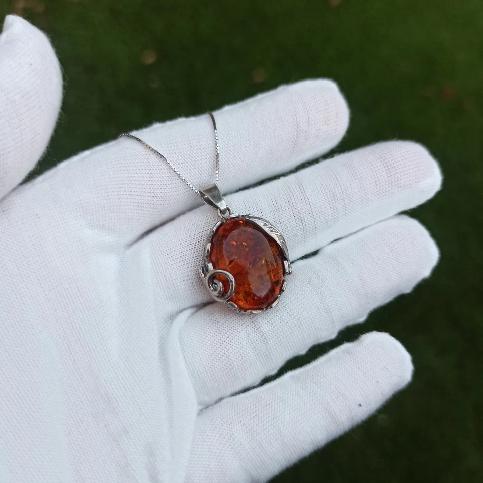 Amber Necklace Israel Artisan Vintage Sterling Silver Swirls Cabochon Leave Gift - Image 3 of 4