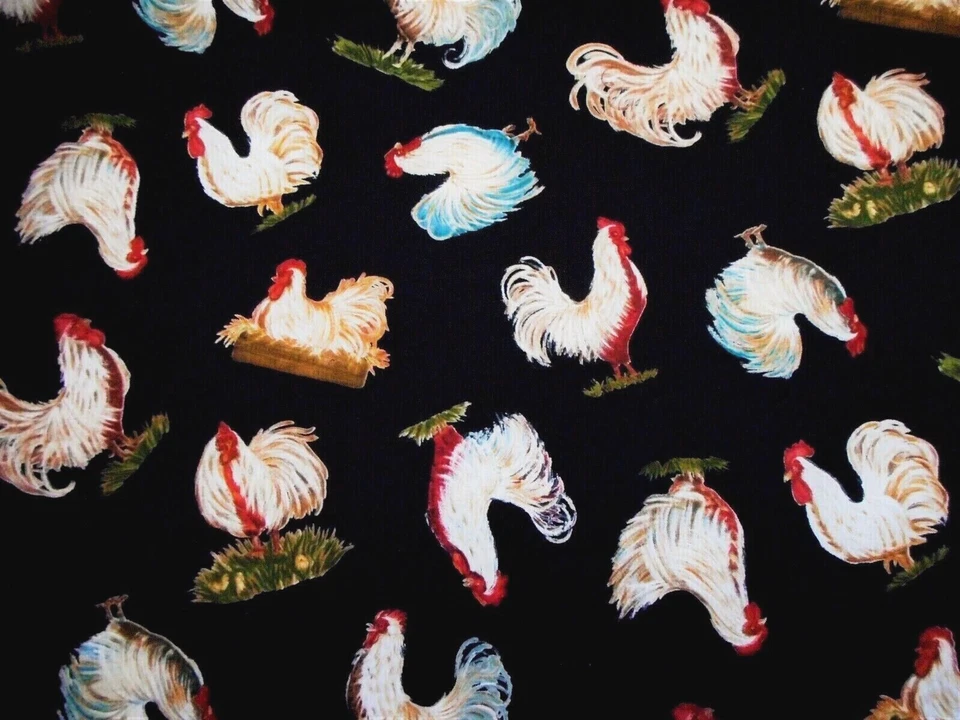 Quilt Fabric 1 1/8+ Yard Rooster Chicken Black Poultry Premium Cotton Vtg - Image 2 of 2