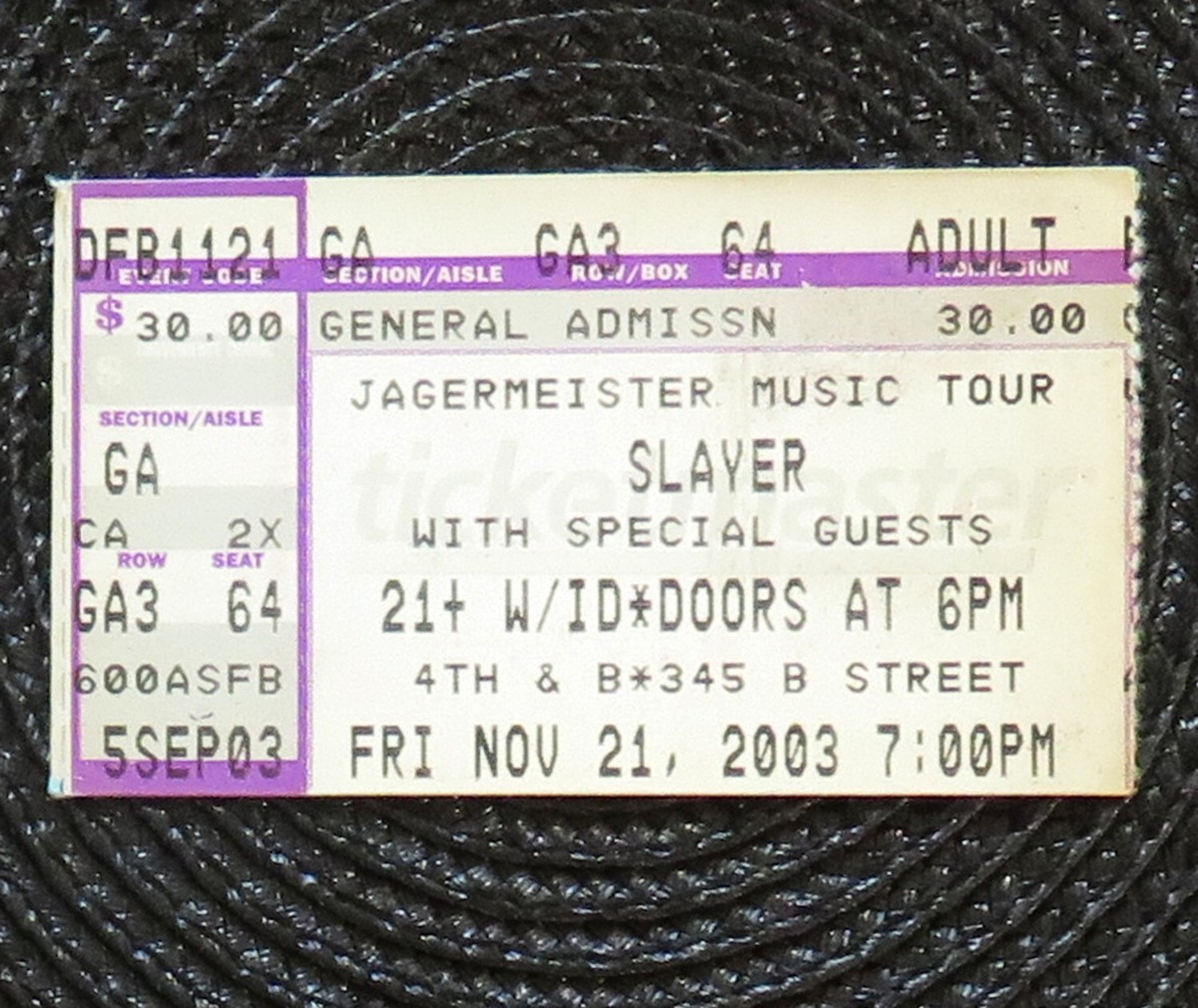 Slayer Ticket Stub 4th &B San Diego Show Nov 21 2003 Thrash Metal
