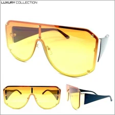 OVERSIZED Exaggerated Retro Shield SUNGLASSES Gold Frame Flat Orange Yellow Lens