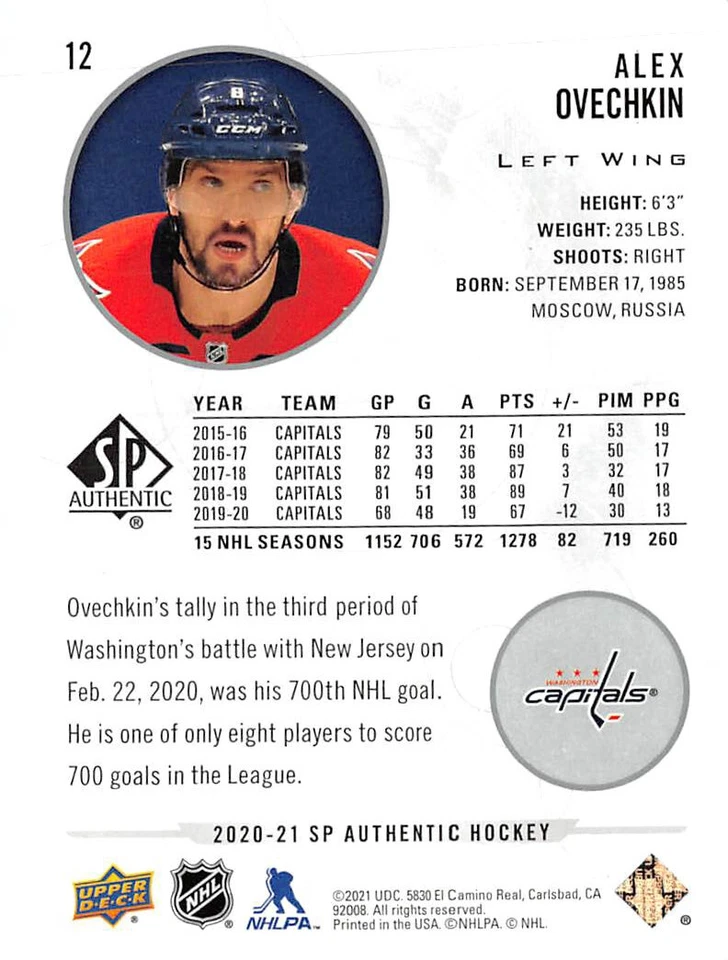 2020-21 SP Authentic #12 Alex Ovechkin - Image 2 of 2