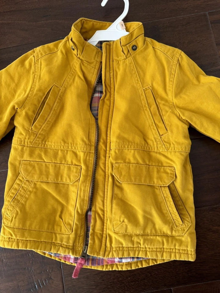 Genuine Kids By OshKosh Boys Mustard Yellow Hooded Lined Plaid Fall Coat size 3T - Image 3 of 4