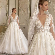 Ivory Lace Wedding Dresses A Line 3D Floral Appliques Custom Long Sleeve Bridal