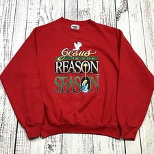 Vintage Lee Christmas Jesus Is The Reason Red Cotton Sweater USA Made Sz Large