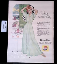 1956 Pepsi-Cola Light Refreshment Lovely Lady Wears Green Dress Print Ad 47356