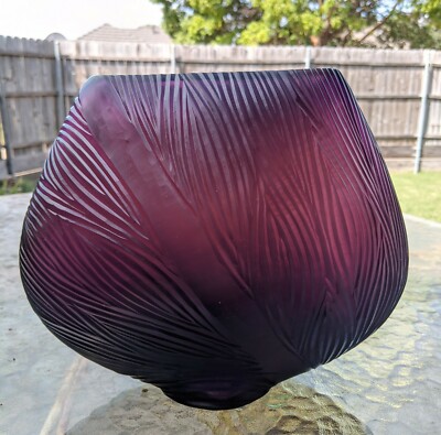 Hand Blown Amethyst Purple Glass Vase Wheel Cut Pattern Over Entire Surface 8''