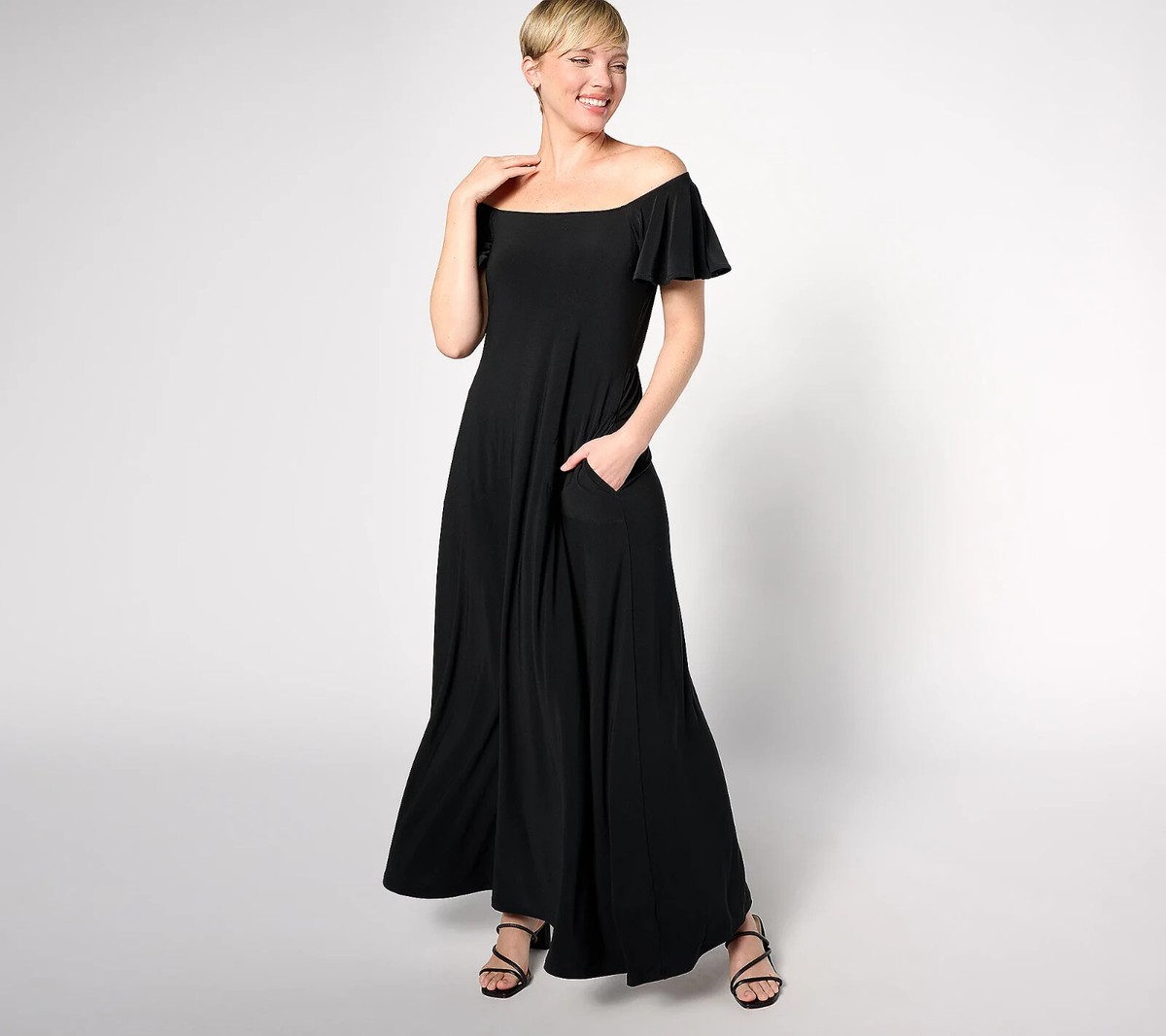 Attitudes by Renee Petite Como Jersey Flutter Sleeve Maxi, Size Petite Small, Black