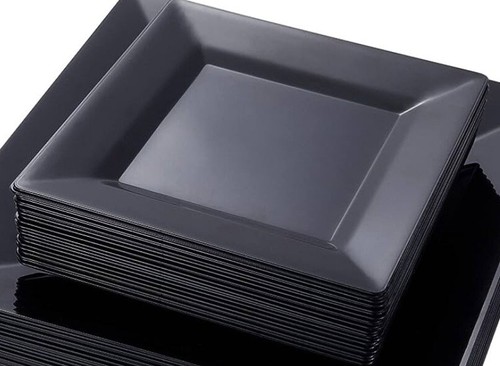 30 Square Plastic Black Dinner Plates (18cm) For Events Etc,disposable/reusable - Picture 2 of 7