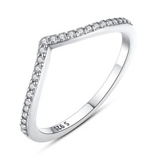 Real 925 Sterling Silver Ring  Sparkly Zircon CZ Wishbone Chevron Minimal