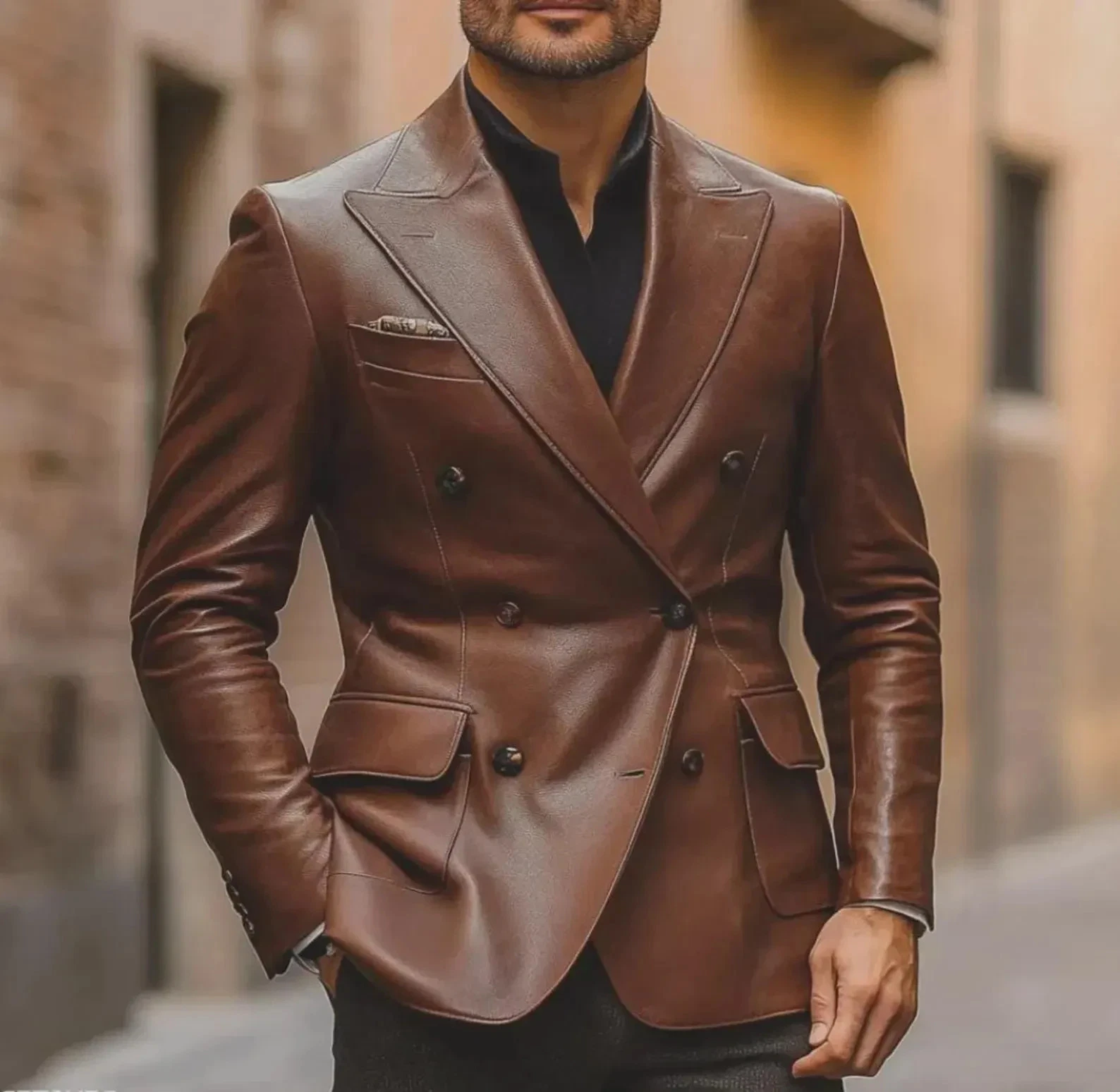 Men’s Brown Leather Double-Breasted Blazer – Premium Handmade Jacket