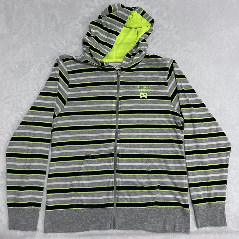 Nike Hoodie Youth XL 13-15 Full Zip Jacket Neon Green Striped Pullover Swoosh - Image 2 of 4