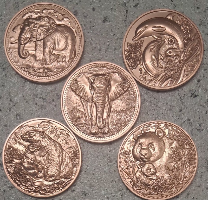 5 ANIMAL COINS - 1 TROY Oz. BU COPPER ROUNDS - .999 FINE BULLION -3D HIGH-RELIEF