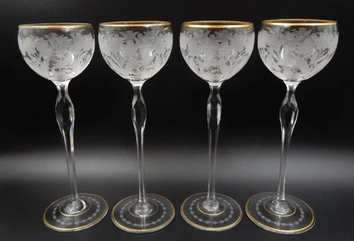 VINTAGE SET OF 4 ETCHED FLORAL PATTERN LONG STEM GOLD TRIM HOCK WINE GOBLETS